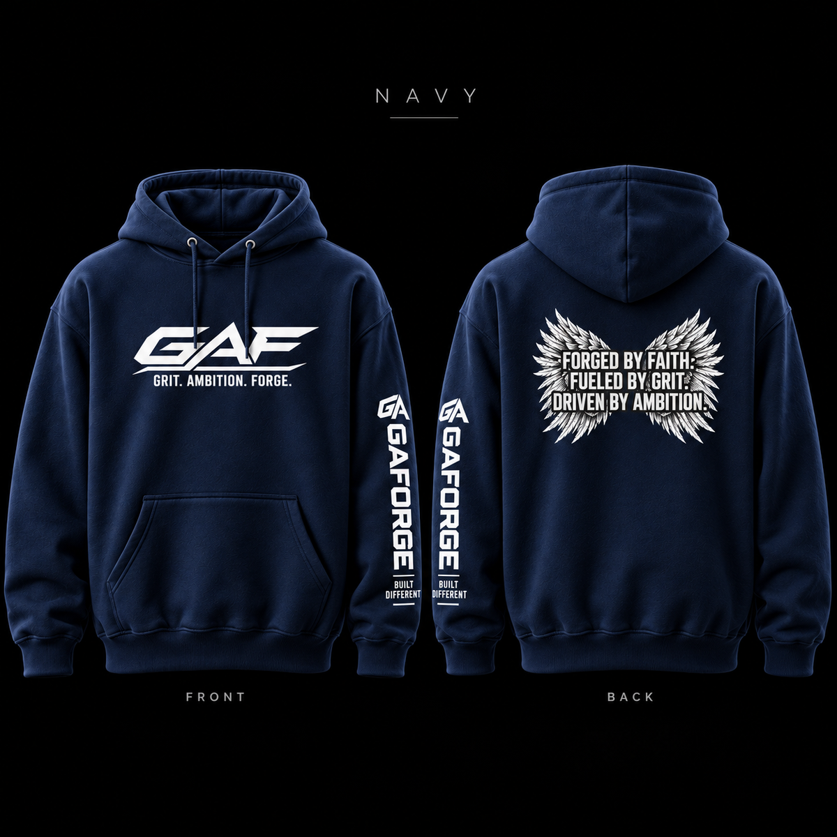 GAE 'Grit. Ambition. Forge.' Hoodie — Forged by Faith Wings Graphic