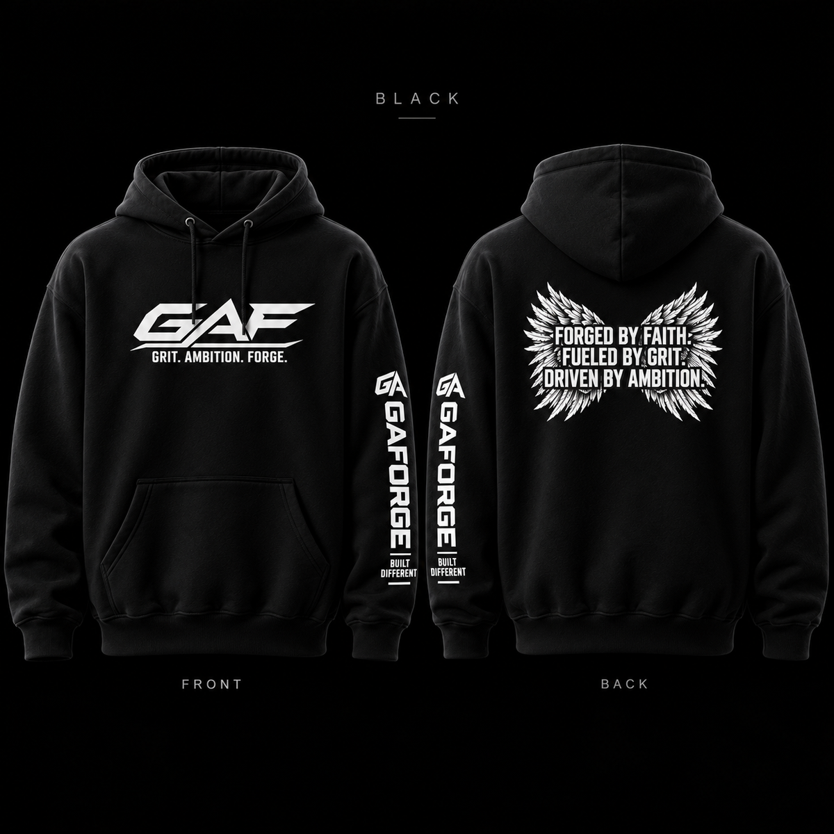 GAE 'Grit. Ambition. Forge.' Hoodie — Forged by Faith Wings Graphic
