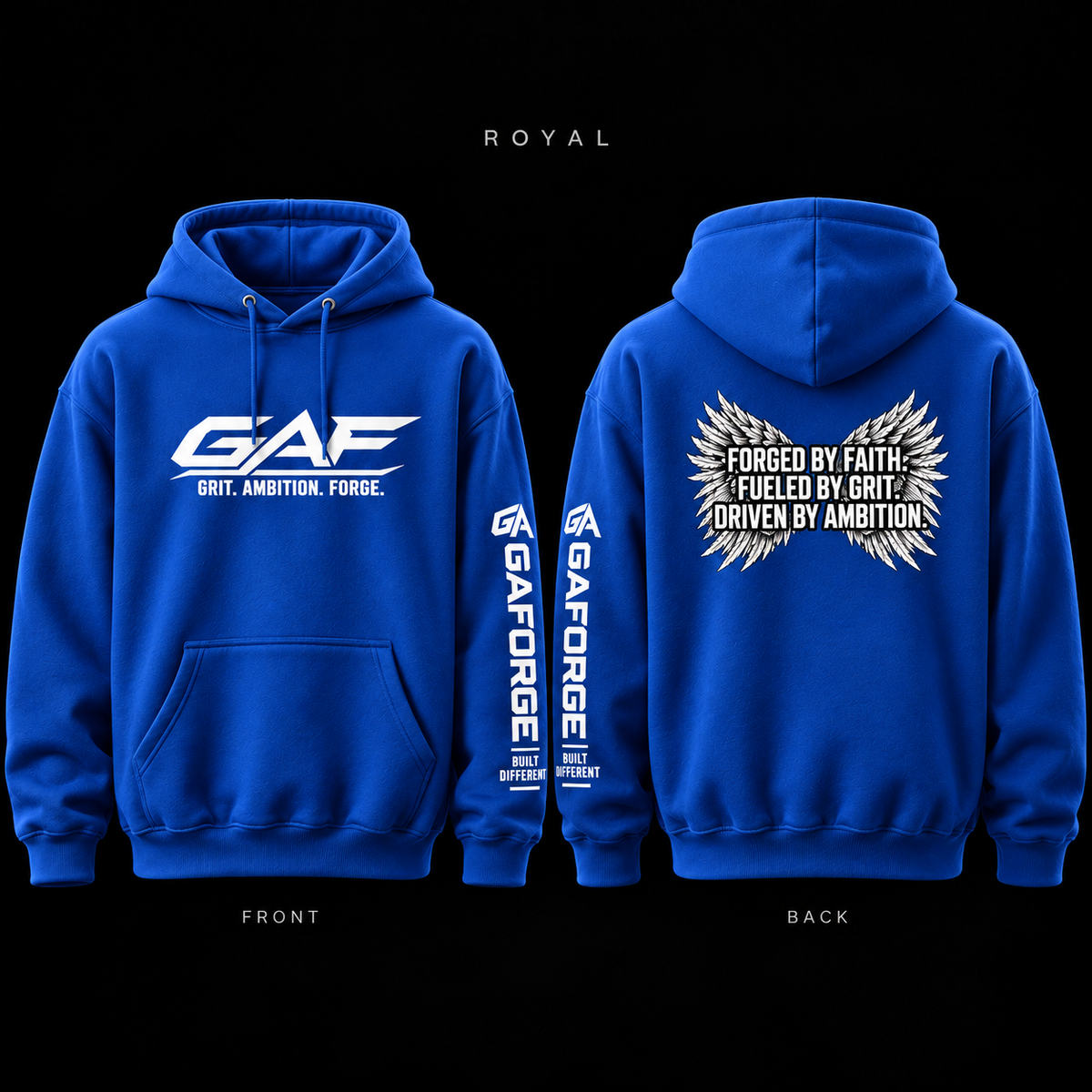 GAE 'Grit. Ambition. Forge.' Hoodie — Forged by Faith Wings Graphic
