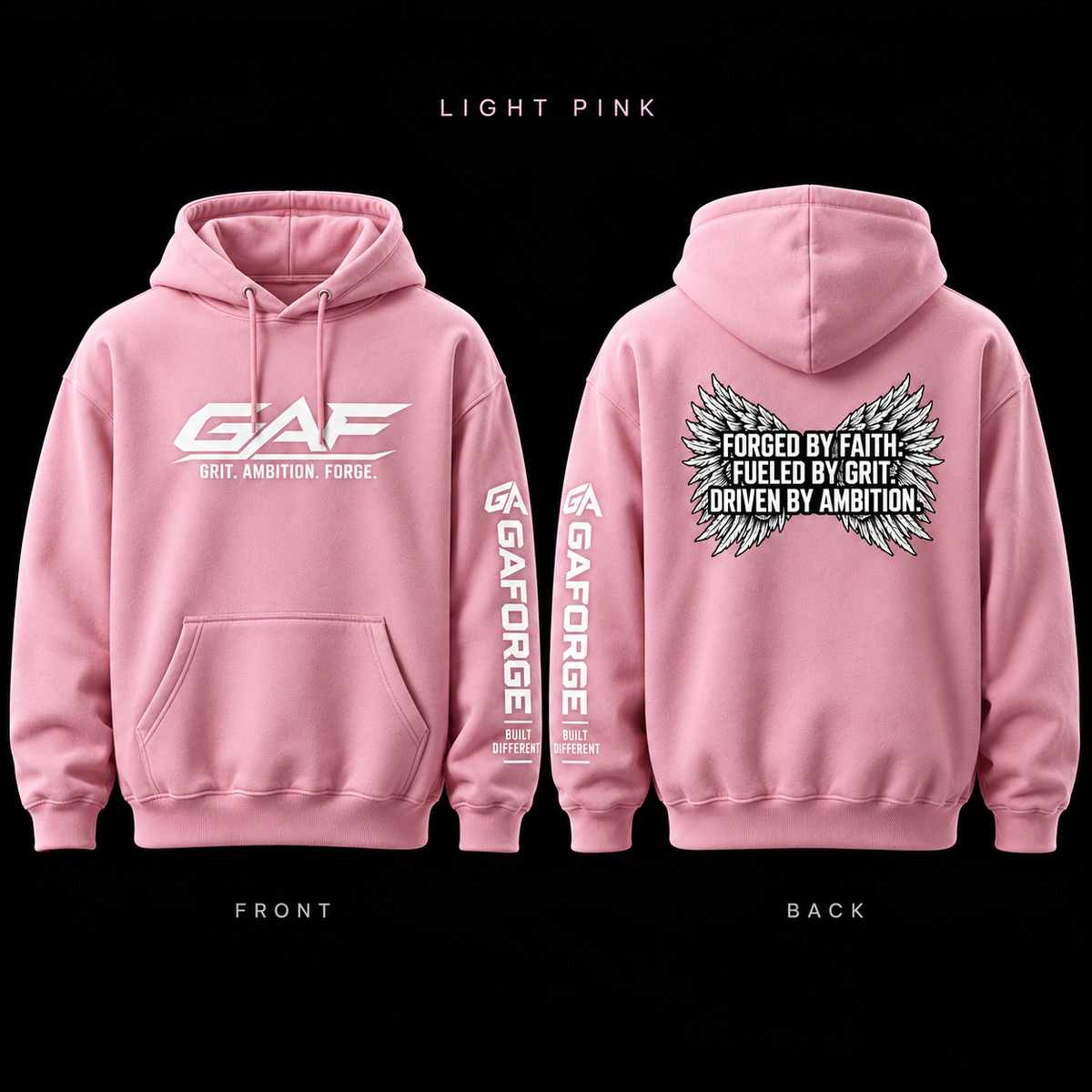 GAE 'Grit. Ambition. Forge.' Hoodie — Forged by Faith Wings Graphic