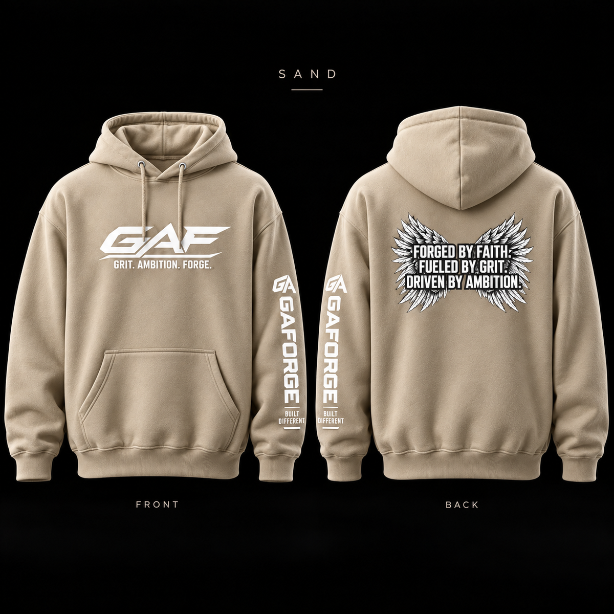 GAE 'Grit. Ambition. Forge.' Hoodie — Forged by Faith Wings Graphic
