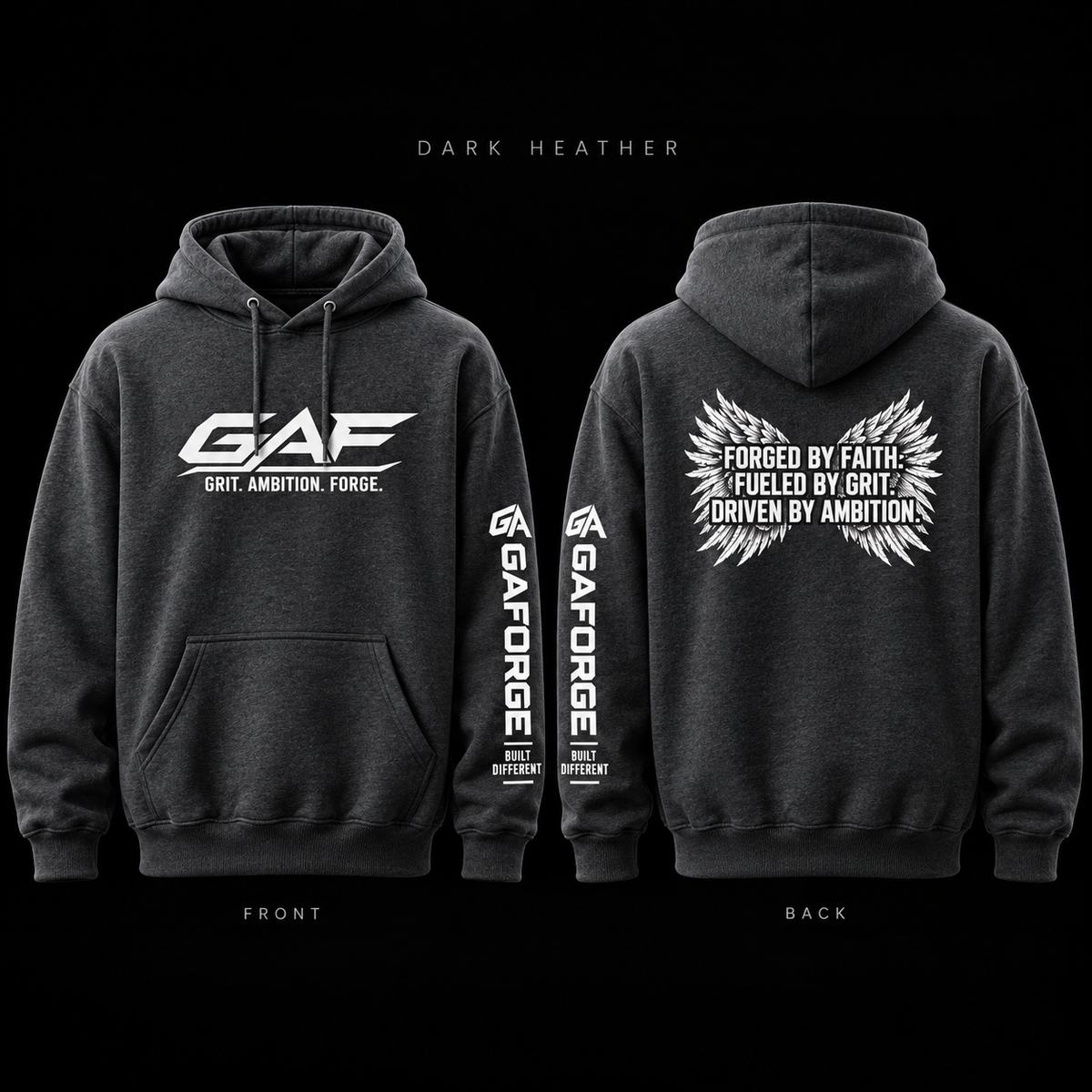 GAE 'Grit. Ambition. Forge.' Hoodie — Forged by Faith Wings Graphic