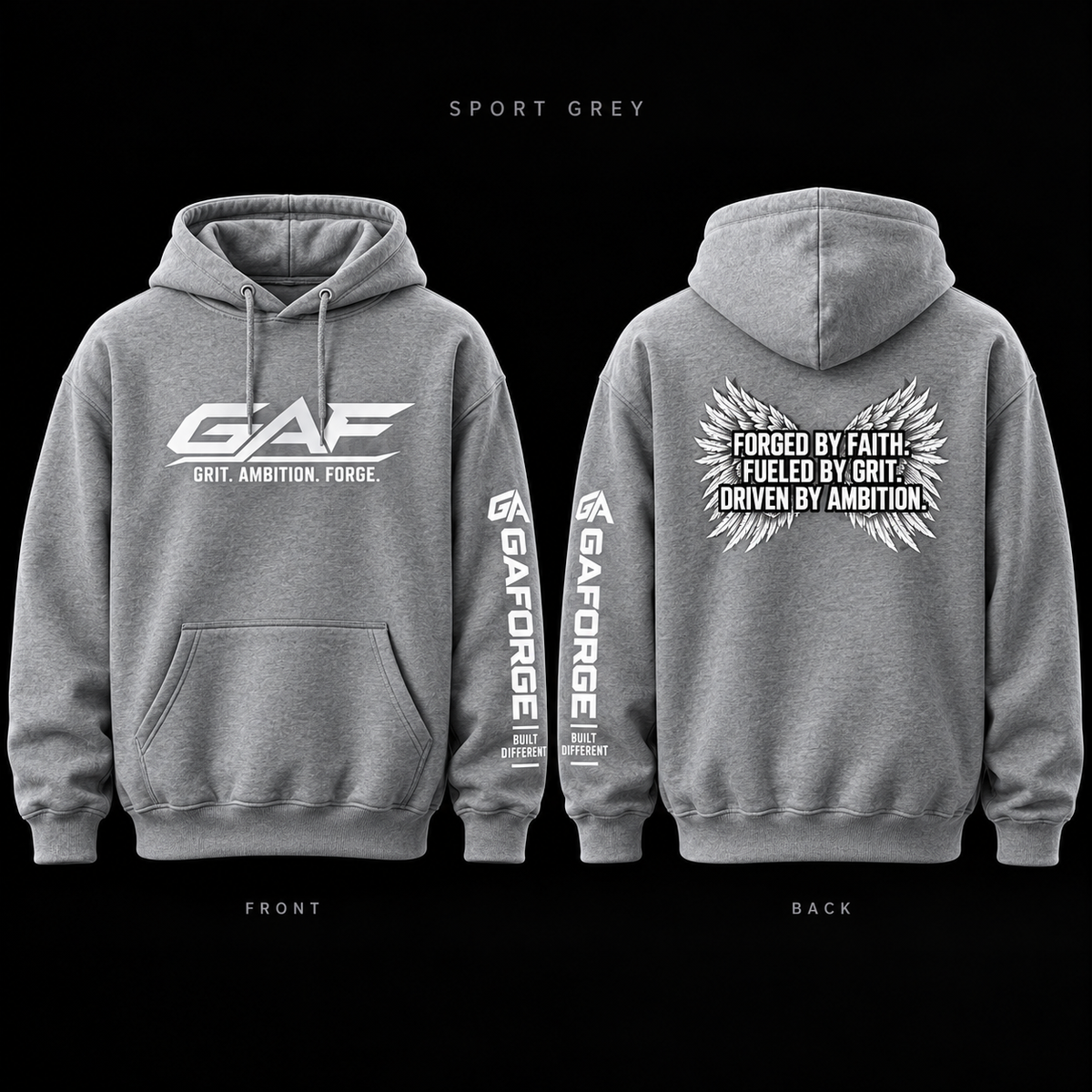 GAE 'Grit. Ambition. Forge.' Hoodie — Forged by Faith Wings Graphic