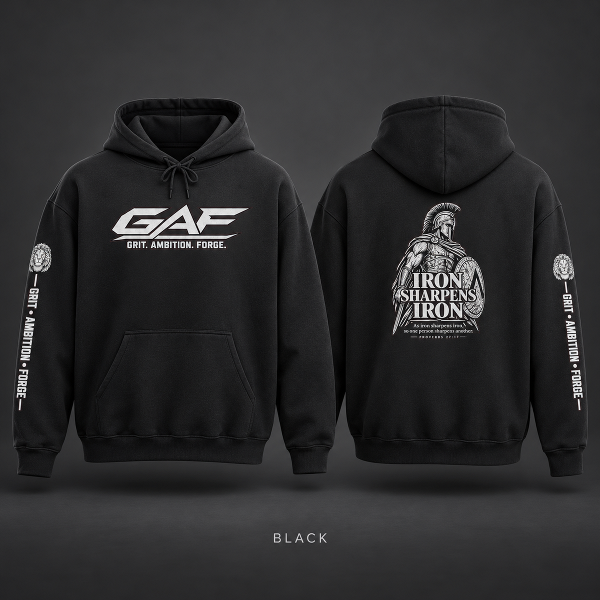 Grit. Ambition. Forge. Hoodie — "Iron Sharpens Iron" Back Design